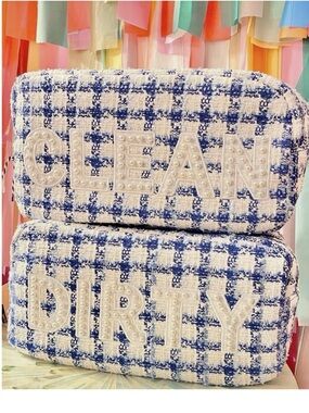 Set of 2 Pearl-Embellished Tweed Cosmetic Pouches in Blue and Cream